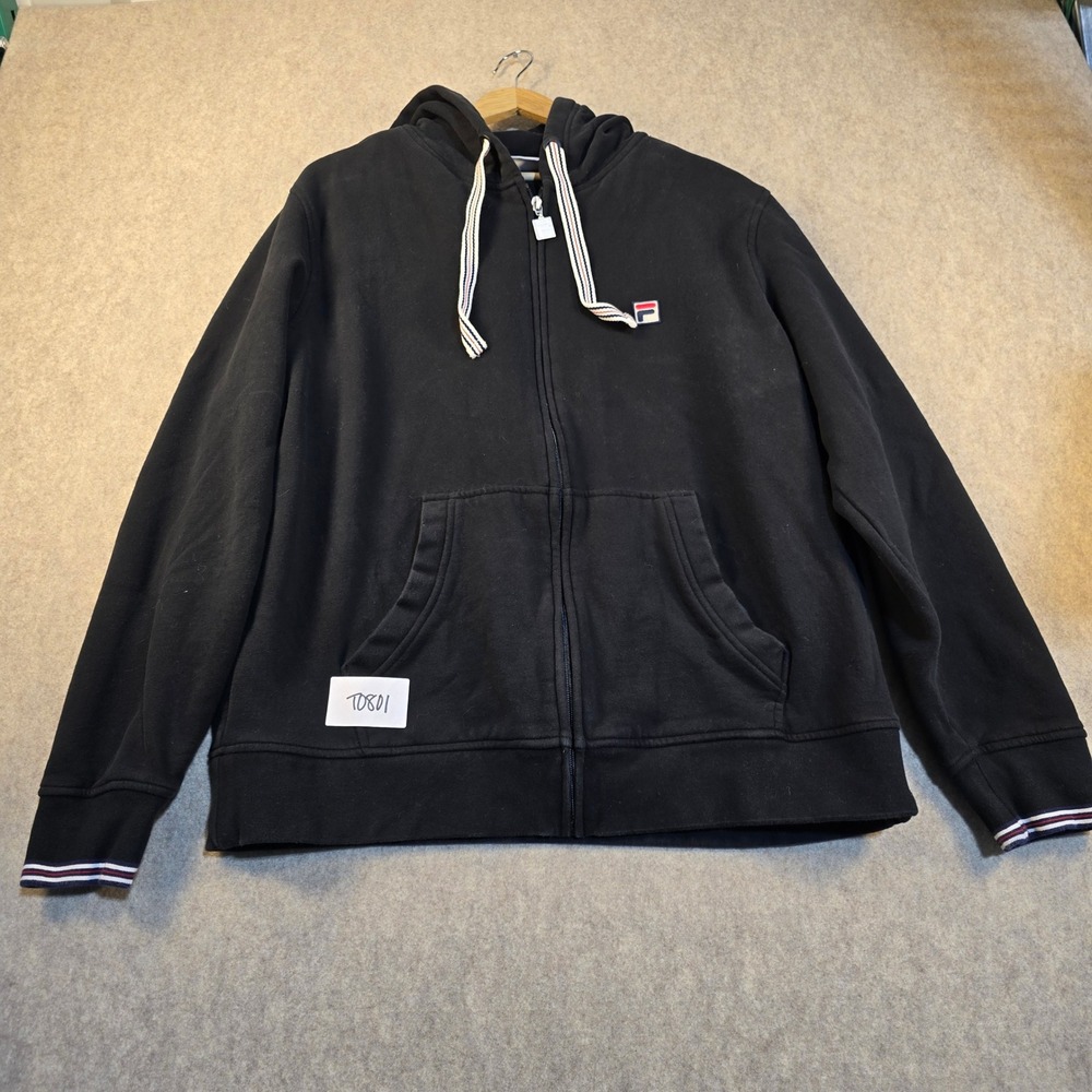 Fila Mens Full Zip Hoodie Black Large Embroidered Logo Striped Trim Sweatshirt